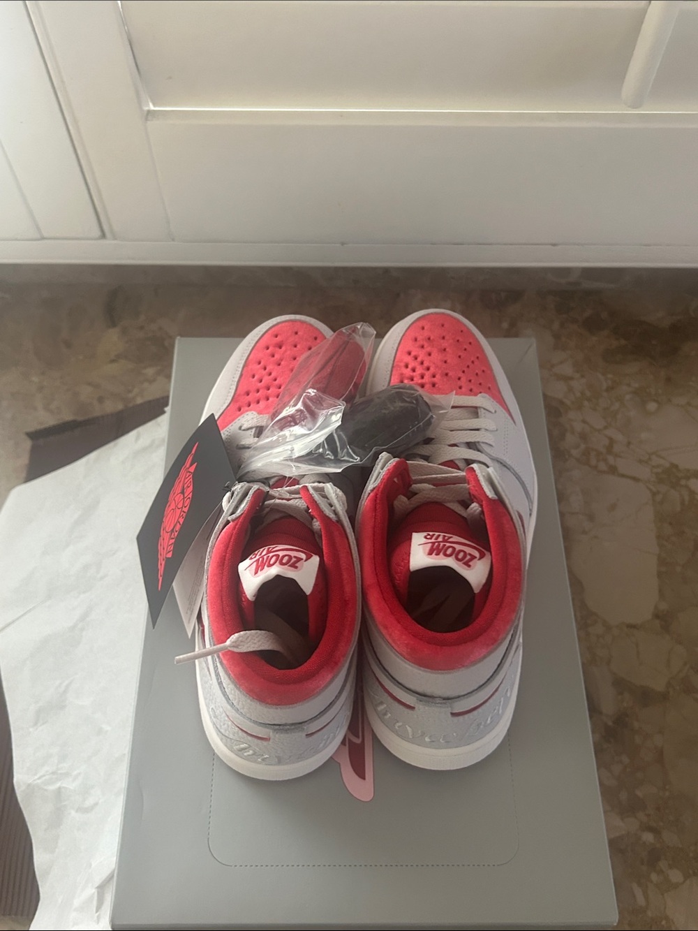 BNIB Nike Jordan BNIB Gray Shoe Box with red  Logo Accent Womens 8.5 - Picture 12 of 15